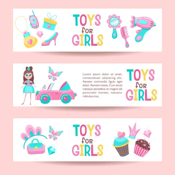 Vector illustration of Set of banners. Toys and accessories for girls. Pink convertible, hair dryer, mirror, smartphone, comb, diamonds, handbags, tiara, cakes. Vector illustration.