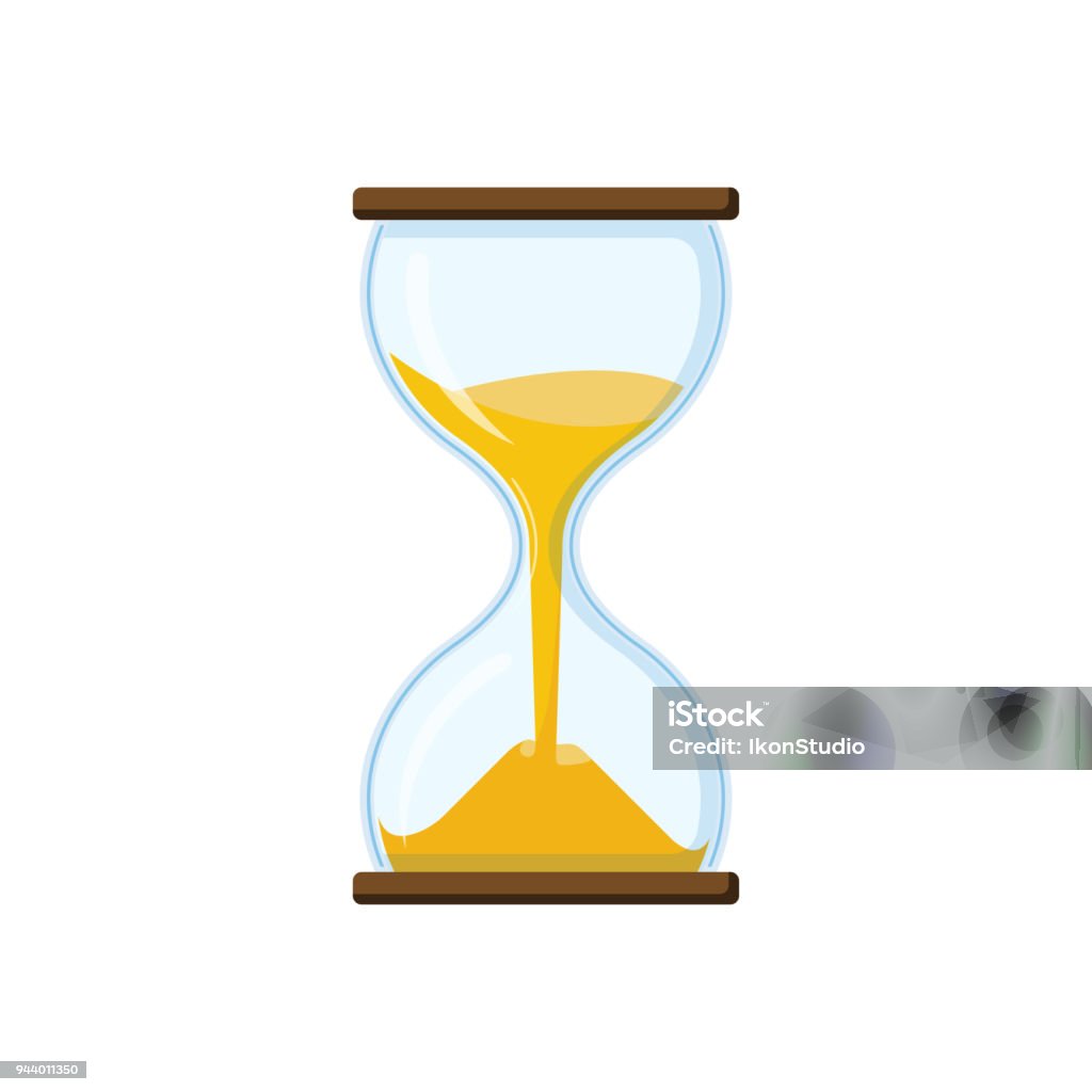 Hourglass with transparent glass Retro hourglass with clear glass and half sprinkled with sand. Antique tool for measuring time. Hourglass for business concept deadline. Hourglass stock vector