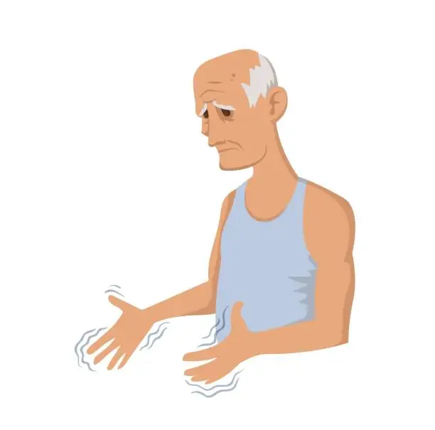 Vector illustration of Tremor hands. Elderly man looking at the shaking hands. Symptom of Parkinson's disease. Medical vector illustration.