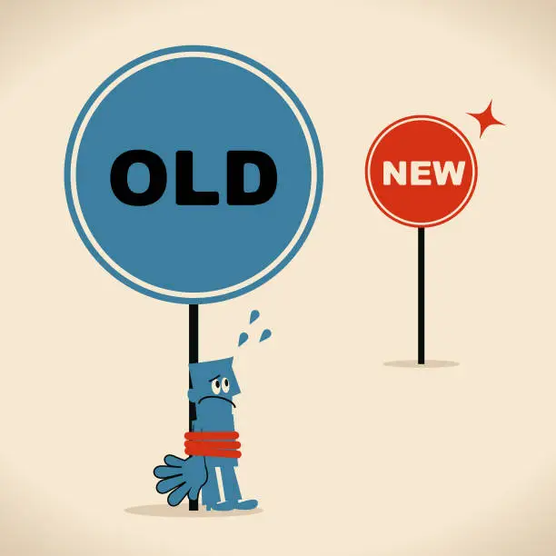 Vector illustration of The new and the old way, businessman is tied up with the old sign, concept about bureaucracy or old habit, addiction, old thought pattern