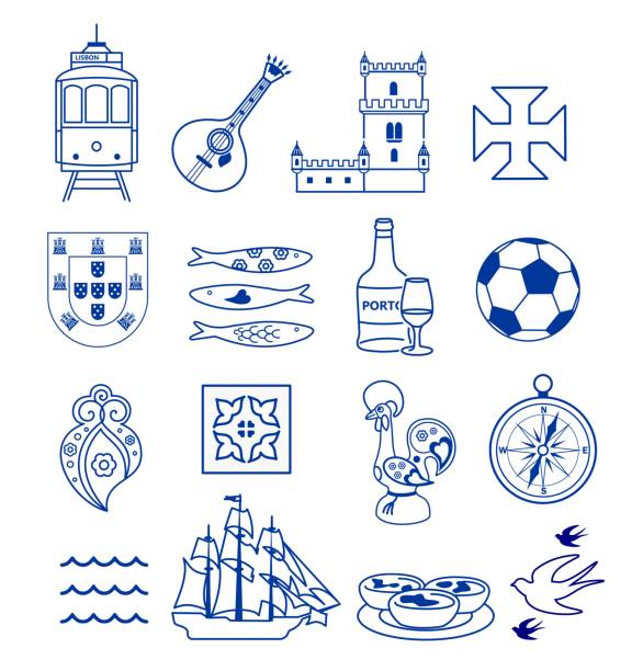 illustrazioni stock, clip art, cartoni animati e icone di tendenza di vettore set di icone portugese - ponte di strumento musicale