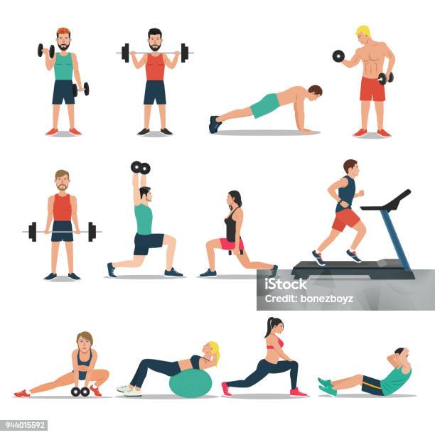 Men And Women Workout Set Isolated On White Background Cardio Weightlifting Treadmill Bodybuilding Stock Illustration - Download Image Now