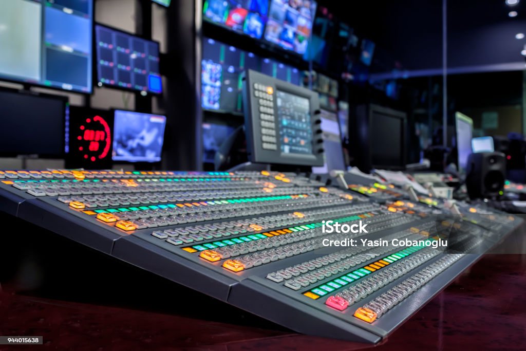 Video Mixer Switcher Professional video mixing console, transmission control full. Control Room Stock Photo