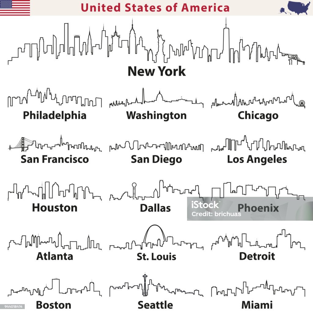 icone vettoriali astratte degli skyline delle città degli Stati Uniti - arte vettoriale royalty-free di Orizzonte urbano