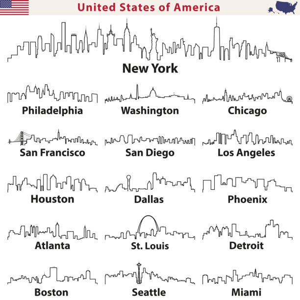 illustrazioni stock, clip art, cartoni animati e icone di tendenza di icone vettoriali astratte degli skyline delle città degli stati uniti - city of los angeles illustrations