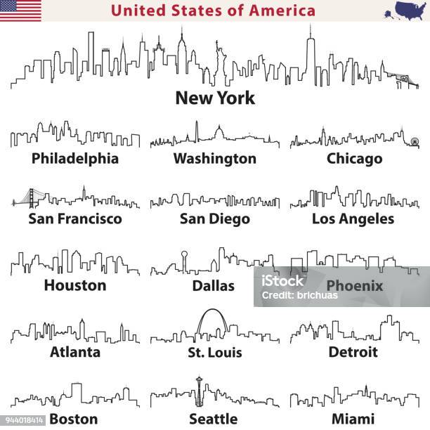 Vector Abstract Outline Icons Of United States Cities Skylines Stock Illustration - Download Image Now