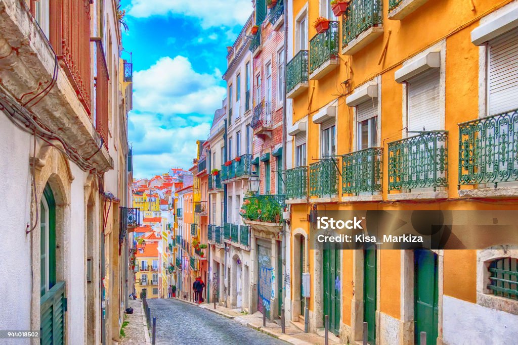 Lisbon, Portugal city street view Lisbon, Portugal street perspective view with colorful traditional houses Lisbon Stock Photo