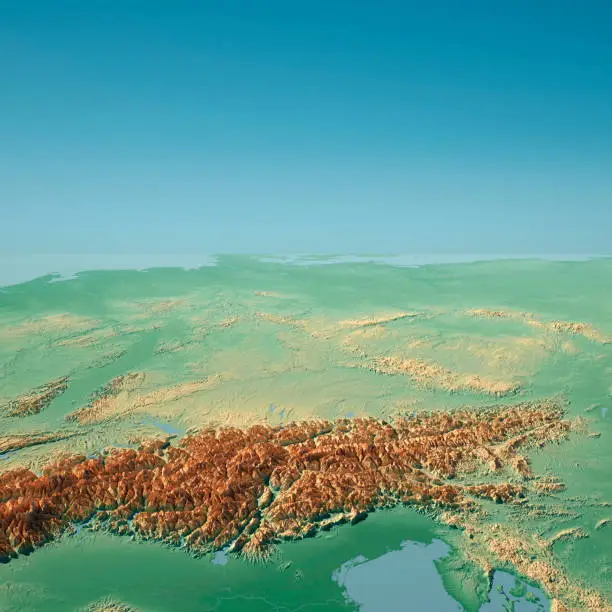 3D Render of a Topographic Landscape View of the economic region D-A-CH, consisting of the Countries of Germany, Austria and Switzerland.
All source data is in the public domain.
Color texture: Made with Natural Earth. 
http://www.naturalearthdata.com/downloads/10m-raster-data/10m-cross-blend-hypso/
Relief texture and Rivers: SRTM data courtesy of USGS. URL of source image: 
https://e4ftl01.cr.usgs.gov//MODV6_Dal_D/SRTM/SRTMGL1.003/2000.02.11/
Water texture: SRTM Water Body SWDB:
https://dds.cr.usgs.gov/srtm/version2_1/SWBD/