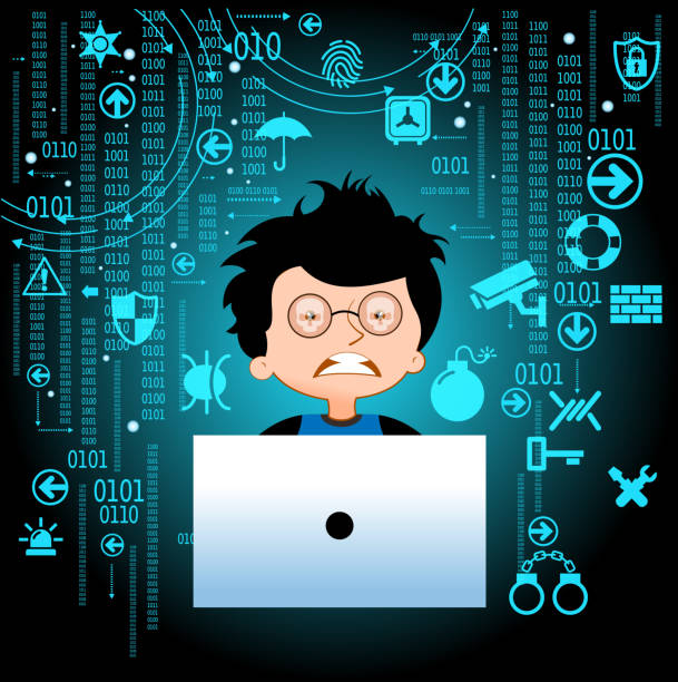stockillustraties, clipart, cartoons en iconen met adolescent en virus in laptop - cybercrime children