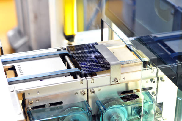 high tech industrie - production of solar cells - wafer modules on the assembly line - industrie imagens e fotografias de stock