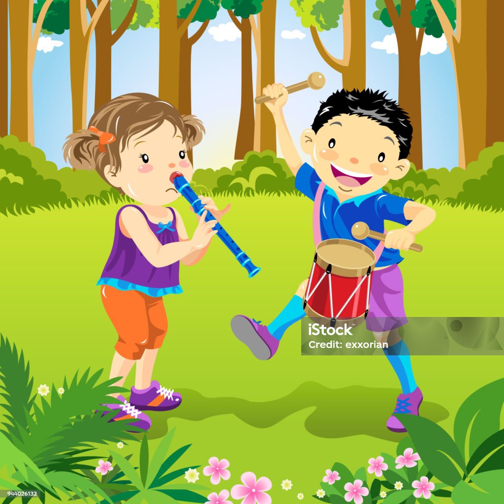 Kids Playing Music Two Kids playing acoustic instrument in the park. Child stock vector