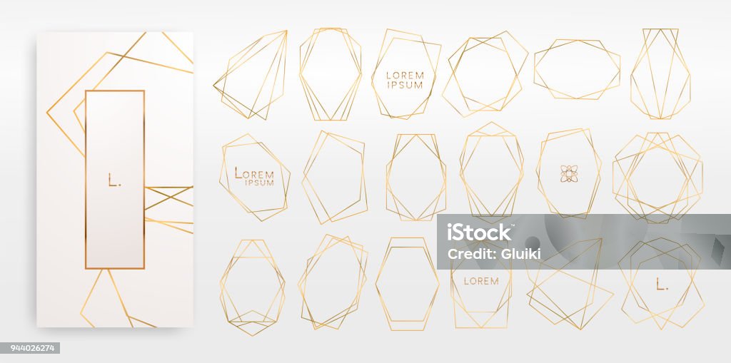 Gold collection of geometrical polyhedron, art deco style, luxury templates. Gold collection of geometrical polyhedron, art deco style for wedding invitation, luxury templates, decorative patterns,... Modern abstract elements, vector illustration, isolated on backgrounds. Gold - Metal stock vector