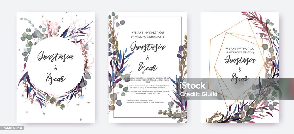Wedding invitation frame set; flowers, leaves solated on white. Wedding invitation frame set; flowers, leaves isolated on white. Sketched wreath, floral and herbs garland with green, greenery color. Hand drawn Vector nature art. Border - Frame stock vector