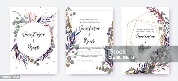 Wedding Invitation Frame Set Flowers Leaves Solated On White Stock Illustration - Download Image Now