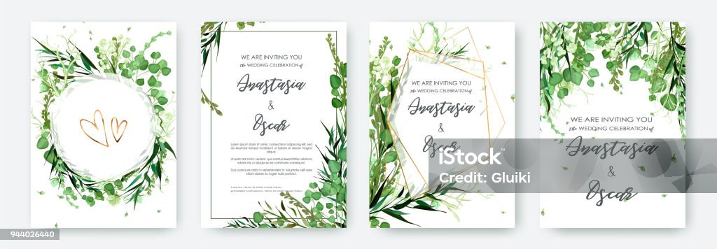 Wedding invitation frame set; flowers, leaves solated on white. Wedding invitation frame set; flowers, leaves isolated on white. Sketched wreath, floral and herbs garland with green, greenery color. Hand drawn Vector nature art. Leaf stock vector