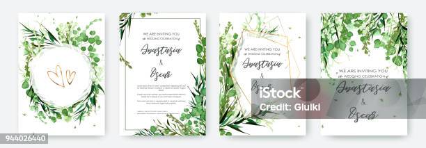 Wedding Invitation Frame Set Flowers Leaves Solated On White Stock Illustration - Download Image Now