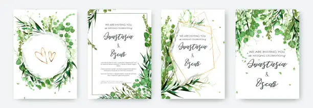 Vector illustration of Wedding invitation frame set; flowers, leaves solated on white.