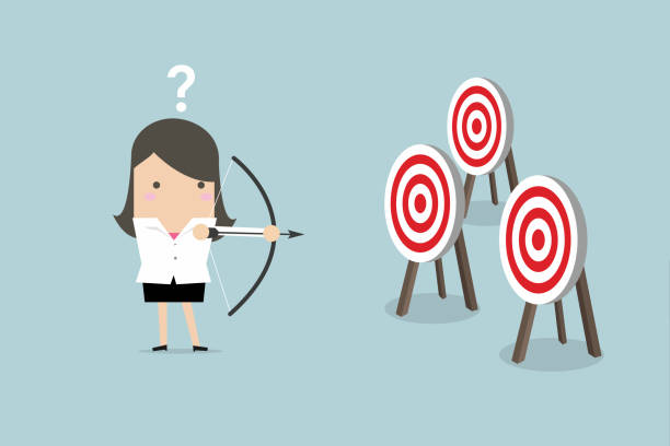 ilustrações de stock, clip art, desenhos animados e ícones de businesswoman holding bow and arrow confused by multiple bulls eye target. - target sport target target shooting bulls eye