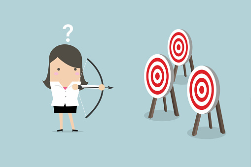 Businesswoman holding bow and arrow confused by multiple bulls eye target. vector