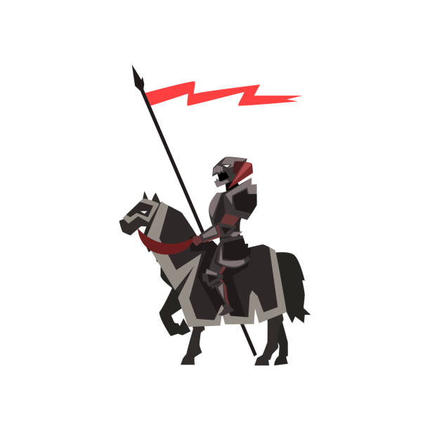 istock Medieval knight riding horse. Royal guard in black armor with red flag. Flat vector design for story book, poster or mobile game 944027002