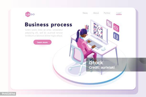 Office Concept For Web Site Banner Stock Illustration - Download Image Now - Computer Programmer, Isometric Projection, Page