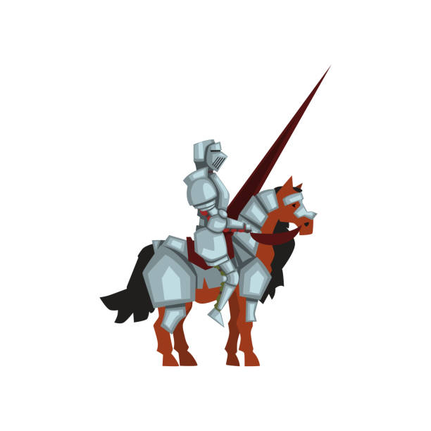 istock Medieval knight sitting on horse and holding lance in hand. Royal warrior in shiny armor. Flat vector design 944030952