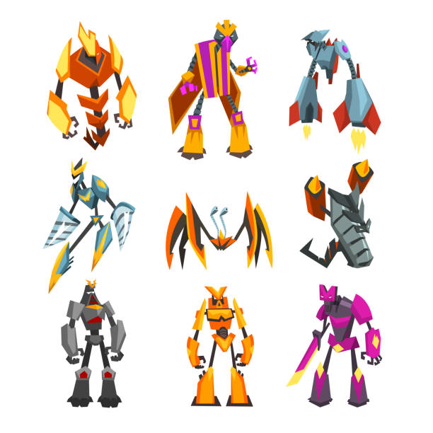 istock Flat vector set of bright-colored transformer robots. Futuristic monsters with metal body. Strong cyborgs. Fantasy warriors 944031618