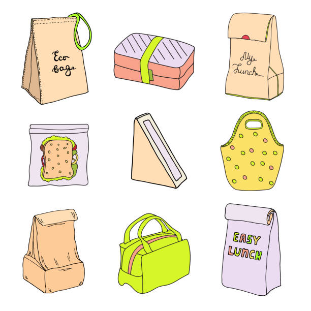 점심 상자와 점심 가방 설정합니다. 창, 에코 백, 샌드위치 상자, 쉬운 점심 샌드위치 삼각형 골 판지 상자. 벡터 손으로 그린 스케치 그림 - lunch box lunch sandwich green stock illustrations