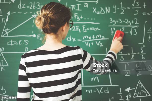 Young Student Cleaning Green Chalkboard With Duster In Classroom Stock Photo - Download Image Now