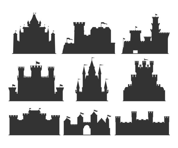 Castles silhouettes set Castles silhouettes set. Building of the medieval period, with thick walls, battlements, towers. Vector flat style cartoon illustration isolated on white background castle stock illustrations