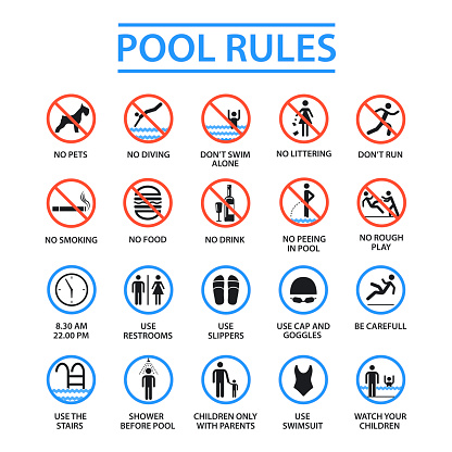 Swimming pool rules. Public and private pools rules to ensure health, safety and to provide enjoyable recreation. Vector flat style cartoon illustration isolated on white background