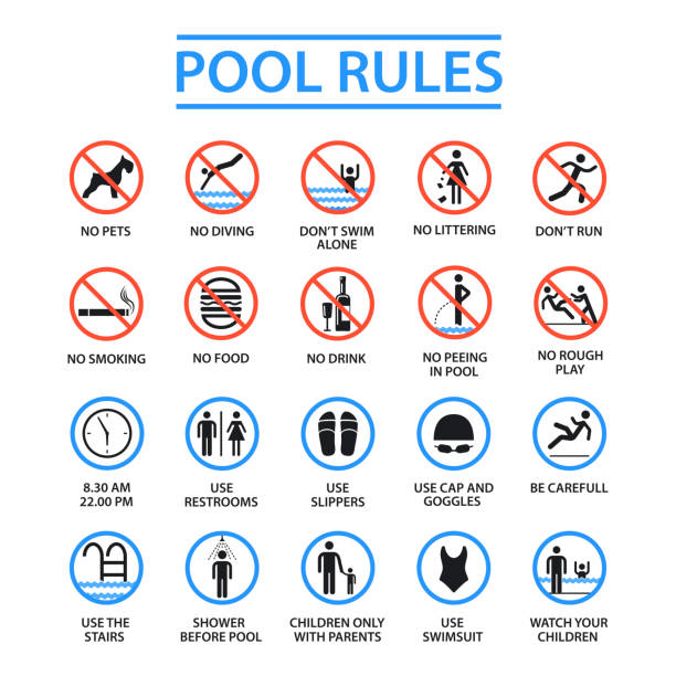 Swimming pool rules Swimming pool rules. Public and private pools rules to ensure health, safety and to provide enjoyable recreation. Vector flat style cartoon illustration isolated on white background diving into pool stock illustrations