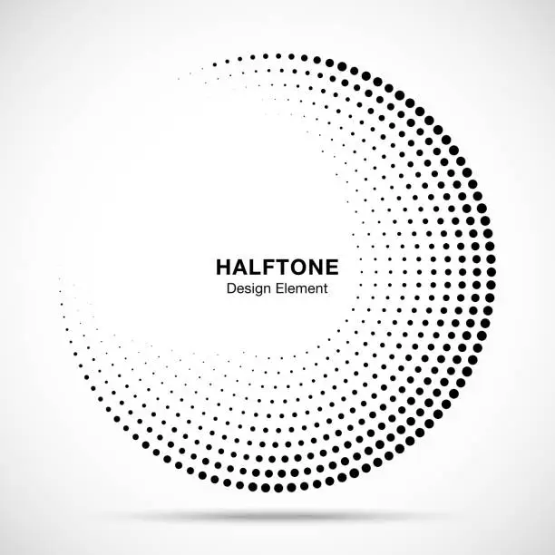 Vector illustration of Halftone circle frame abstract dots logo emblem design element for medical, treatment, cosmetic. Round border Icon using halftone circle dots raster texture. Vector illustration.