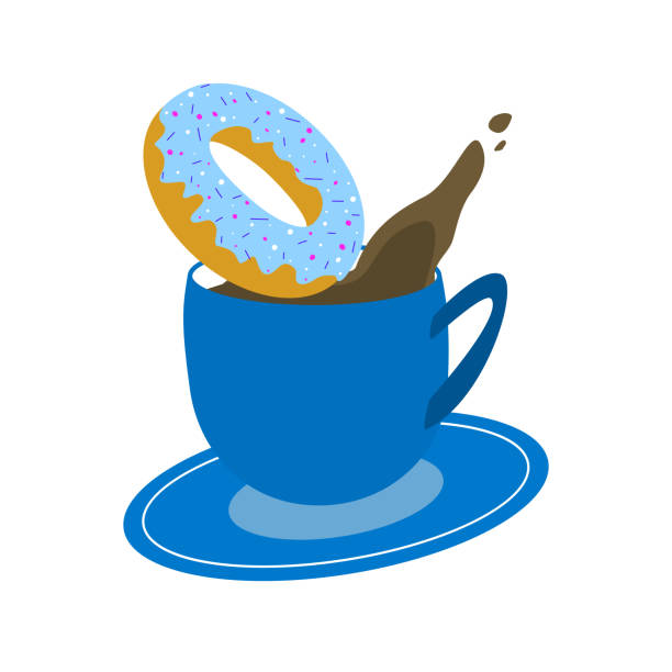 illustrazioni stock, clip art, cartoni animati e icone di tendenza di tazza di caffè blu con ciambella su sfondo bianco illustrazione vettoriale - coffee bagel donut coffee cup