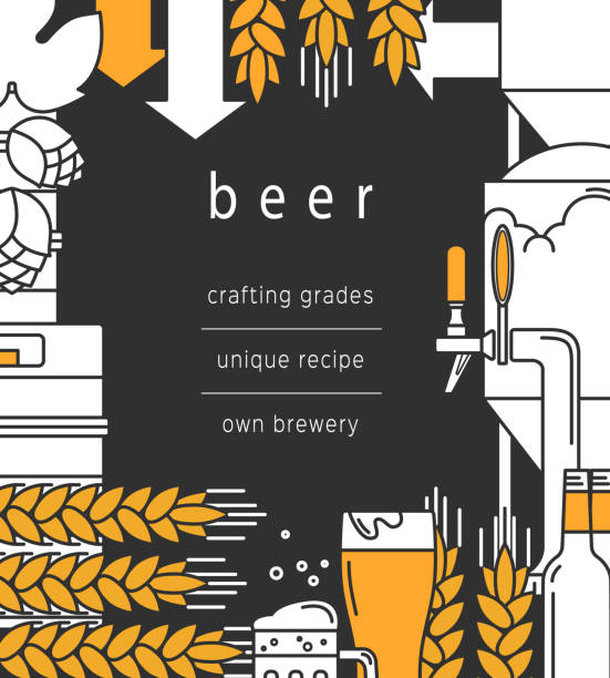 Beer background. Glass, mug, beer tap, bottles and kegs, equipment for brewing, brewery, wheat and hops. Vector backdrop for booklet, brochure, flyer. Beer background. Glass, mug, beer tap, bottles and kegs, equipment for brewing, brewery, wheat and hops. Vector backdrop for booklet, brochure, flyer. brewery stock illustrations