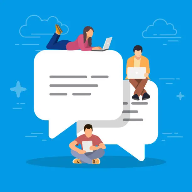 Vector illustration of Speech bubbles for comment and reply. Young people using mobile smartphone for texting and leaving comments in social networks. Guys and women sitting. Concept vector illustration on blue background.