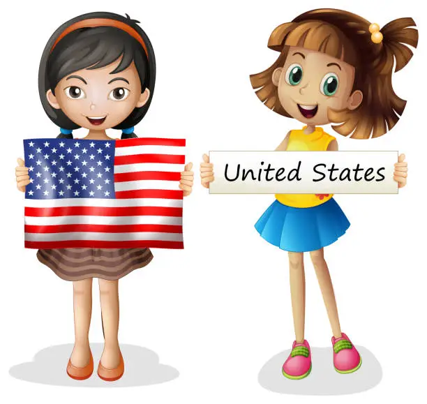 Vector illustration of Two girls with United States flag