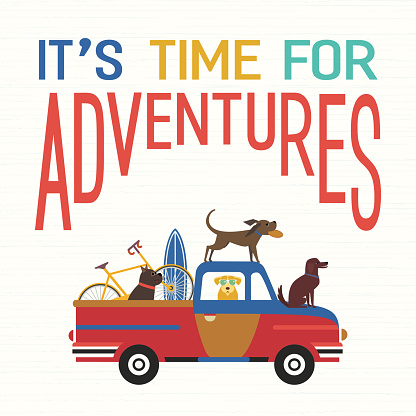 Time for adventure. Cute comic cartoon. Colorful humor retro style. Dogs go by offroad car to beach for sport fun leisure activity. Dog days of summer poster concept. Vacation touring by auto vector