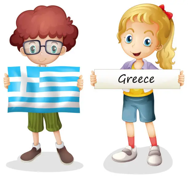 Vector illustration of Boy and girl with flag of Greece