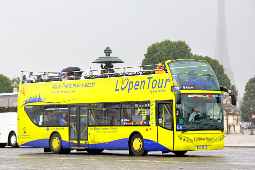 Paris, France - August 8, 2014: Touristic city bus Ayats Bravo in the city street.