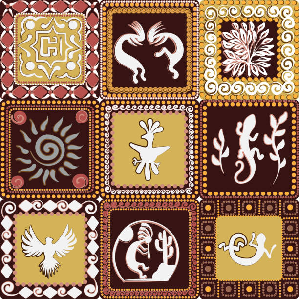 Seamless pattern with squares pattern with imitation of elements of rock art of ancient Indians, Aztecs, cavemen
