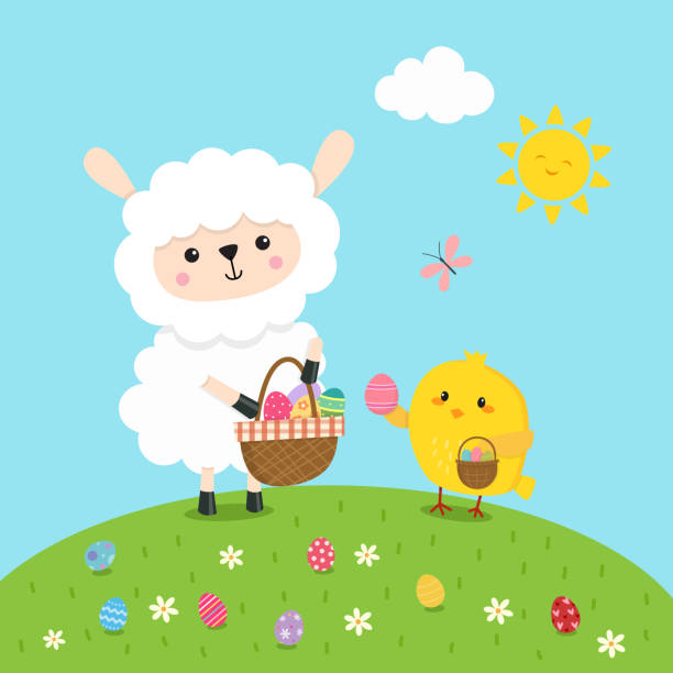 ilustraciones, imágenes clip art, dibujos animados e iconos de stock de cordero recogiendo huevos de pascua - spring grass cloud butterfly