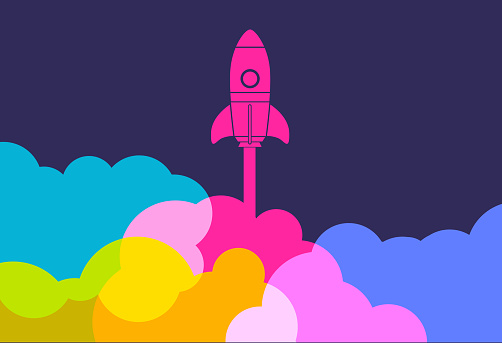 Colourful silhouettes of rockets to symbolise new business startup launch