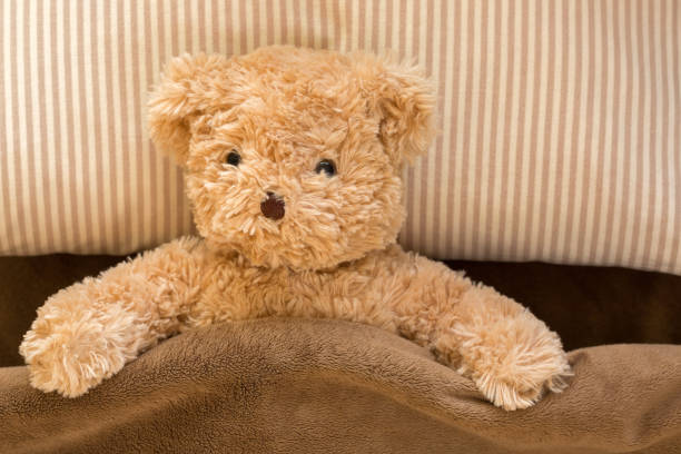 istock Cute brown bear under fleece blanket, resting on stripe pillow and brown bed. 944063314
