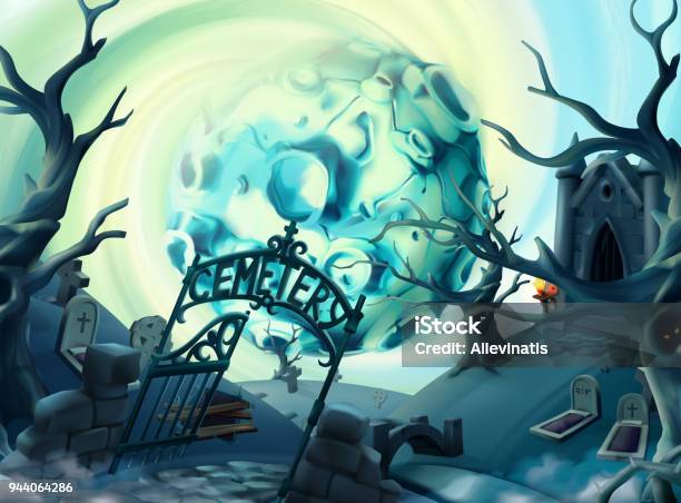 Cemetery Halloween Background Cartoon Landscape 3d Vector Graphics Stock Illustration - Download Image Now