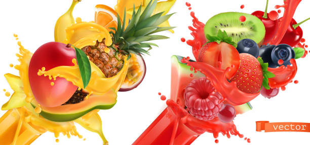 ilustraciones, imágenes clip art, dibujos animados e iconos de stock de explosión de frutas. poco de jugo de. dulces frutas tropicales y frutas mixtas. mango, plátano, piña, papaya, fresa, frambuesa, arándano, sandía. conjunto de iconos de vector realista 3d - fruta tropical