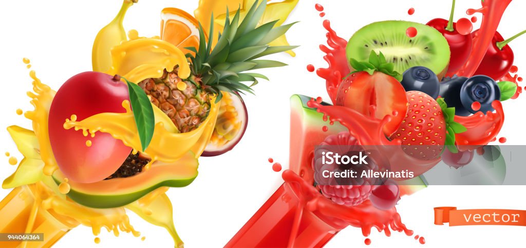 Éclat de fruit. Soupçon de jus. Fruits tropicales doux et petits fruits. Mangue, banane, ananas, papaye, fraise, framboise, myrtille, melon d’eau. jeu d’icônes vectorielles réaliste 3D - clipart vectoriel de Fruit libre de droits