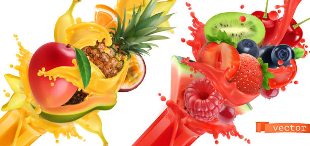 owoce pękają. odrobina soku. słodkie owoce tropikalne i mieszane jagody. mango, banan, ananas, papaja, truskawka, malina, jagoda, arbuz. 3d realistyczny zestaw ikon wektorowych - splashing juice liquid red stock illustrations