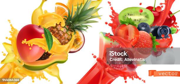 Fruit Burst Splash Of Juice Sweet Tropical Fruits And Mixed Berries Mango Banana Pineapple Papaya Strawberry Raspberry Blueberry Watermelon 3d Realistic Vector Icon Set Stock Illustration - Download Image Now