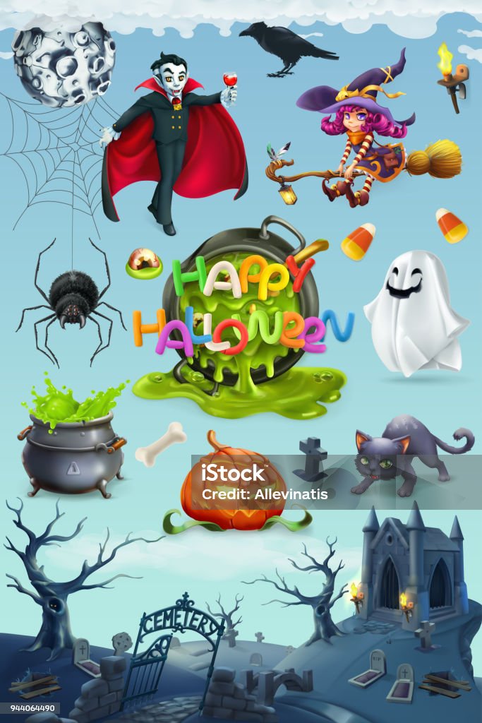 Happy Halloween. Pumpkin, spider, cat, witch, vampire and cemetery landscape, 3d vector icon set Adventure stock vector